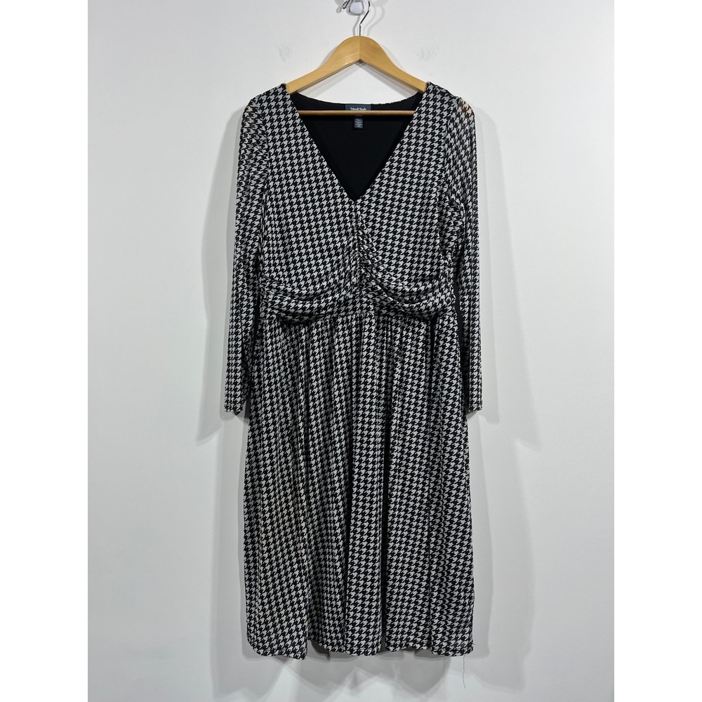 ModCloth Houndstooth Ruched Empire Waist‎ Midi Dress Womens 1X Retro Classic